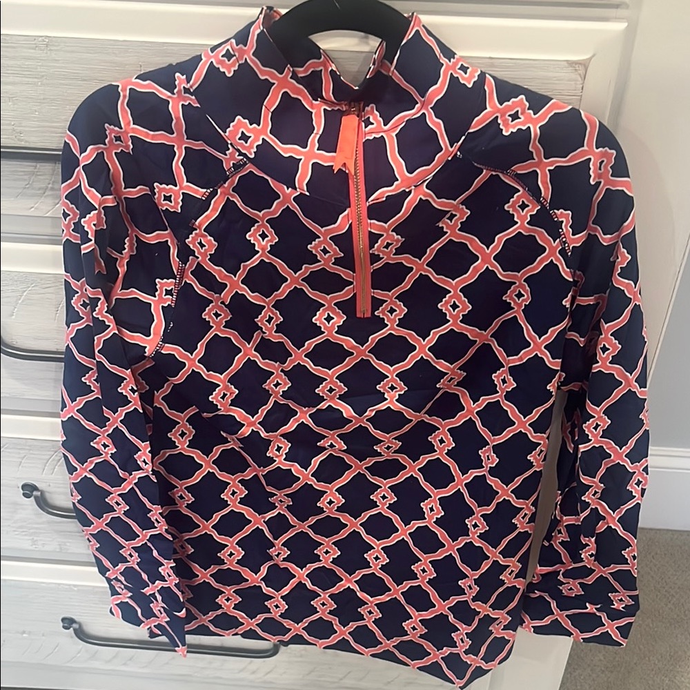 Navy and Coral Geometric Half-Zip Pullover